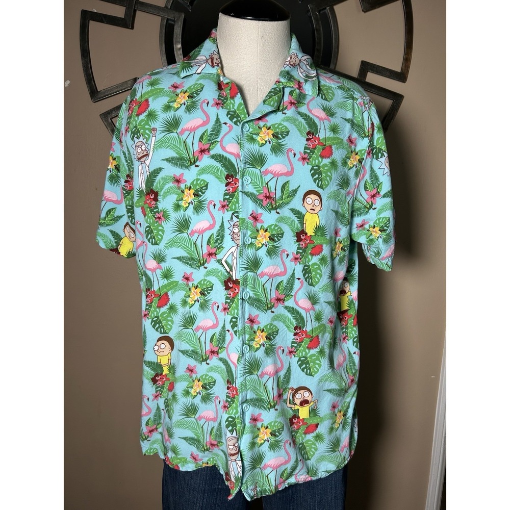 Rick And Morty Adult Swim Men's Hawaiian Shirt Small S Flamingos Ripple Junction